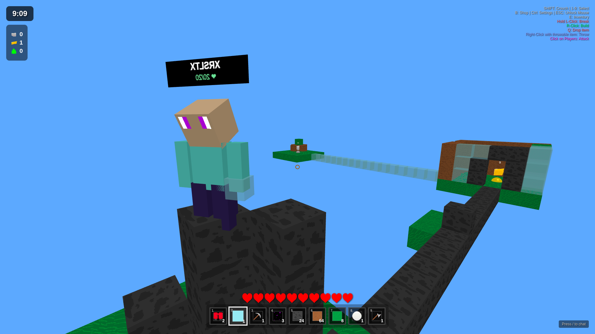 Bedwars Multiplayer gameplay screenshot — a player bridging with blocks between floating islands toward the shared resource generators, rendered live in the browser with Three.js